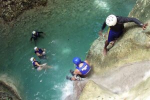 Damajagua Waterfalls - The river setup: helmets, life jackets, and guided safety
