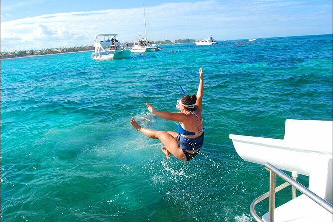 Private Party Boat with Slide and chicken skewers at Punta Cana - Natural Pool sandbar hour: games, floating snacks, and BBQ